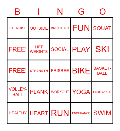 Fitness Bingo Card