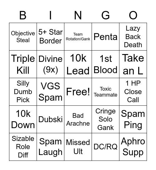 Smite Bingo Card