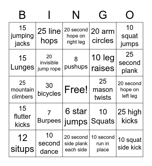 Fitness Bingo Card