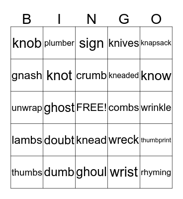 SILENT LETTERS: kn, gn, wr, mb, bt, gh, l Bingo Card