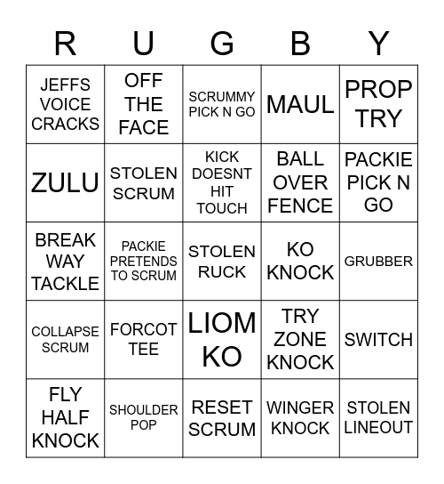 Rugby Bingo Card
