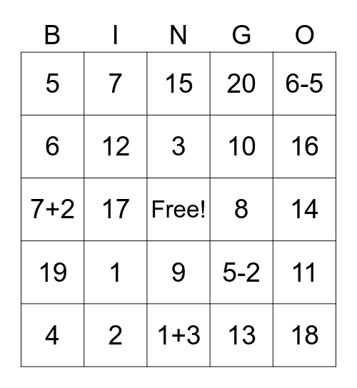Addition and Subtraction up to 20 Bingo Card