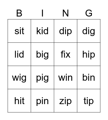 Short i  CVC words Bingo Card