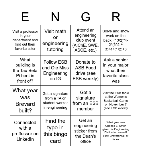 Ole Miss Engineering Bingo Card