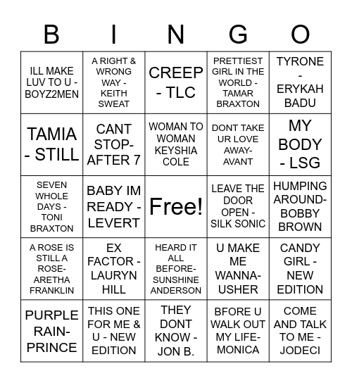 R & B Bingo Card