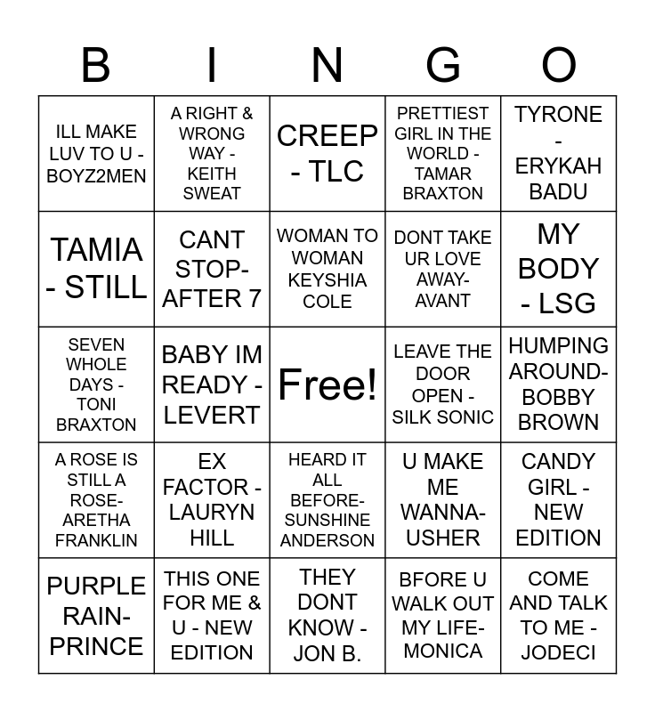 R & B Bingo Card