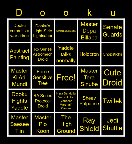 Tales of the Jedi - Dooku Bingo Card