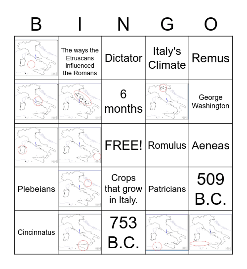 10-1: Roman Geo. & Beginning of Rome Quiz Bingo Card
