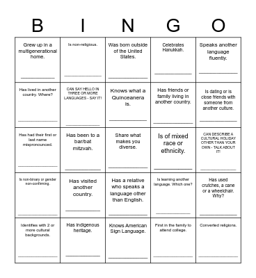 CULTURAL BINGO Card