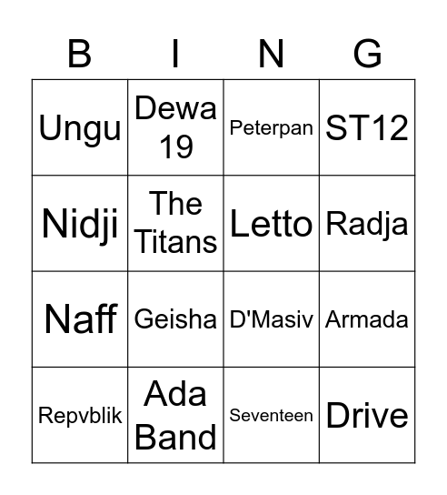 Band Indonesia Bingo Card