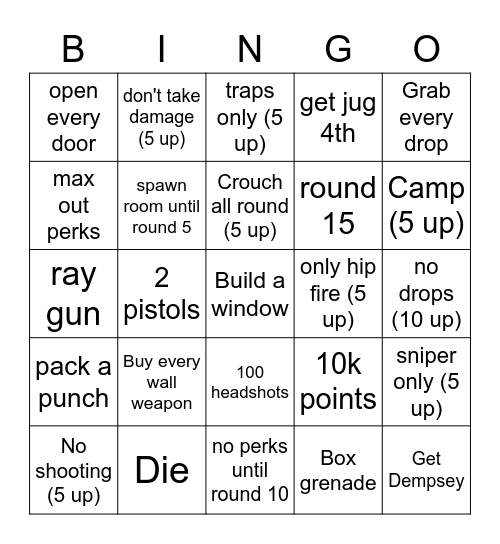 COD Zombie Bingo Card