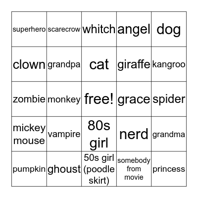 halloween coustumes Bingo Card