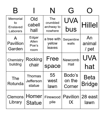 UVA Grounds Scavenger Hunt Bingo Card