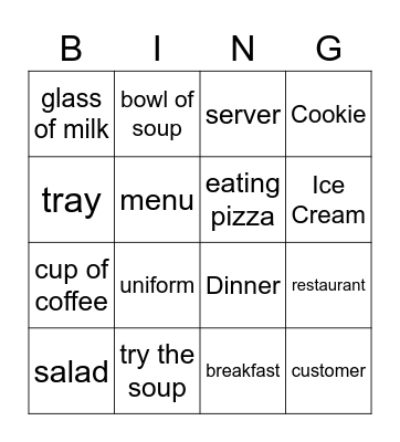 Restaurant Bingo Card