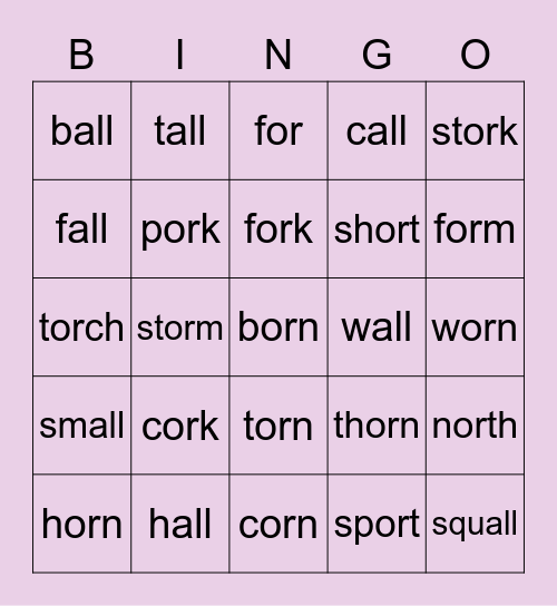 Phonics '-all' & 'or' words Bingo Card