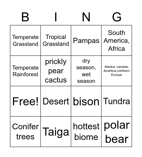 Biomes Bingo Card