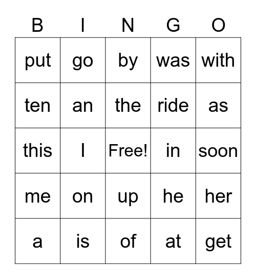 Sight Word Bingo Set 1 Bingo Card