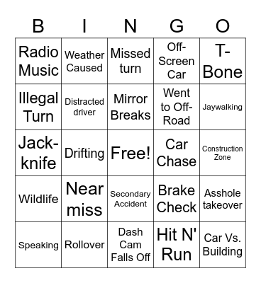 Dashcam Bingo Card