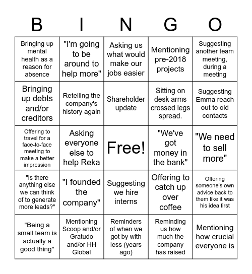 GT Team Meeting Bingo Card