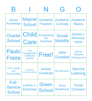 Chapter 9: Purposes of America's Schools and the Current Reform Movement Bingo Card