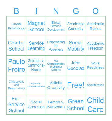 Chapter 9: Purposes of America's Schools and the Current Reform Movement Bingo Card