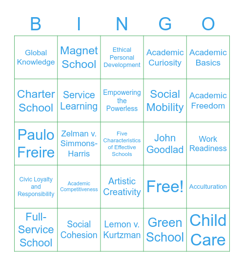 Chapter 9: Purposes of America's Schools and the Current Reform Movement Bingo Card