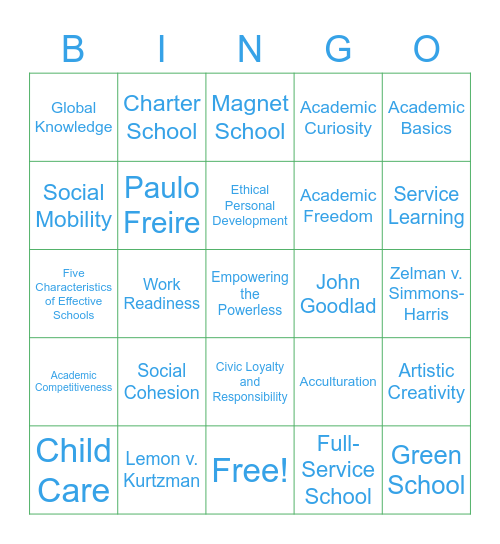 Chapter 9: Purposes of America's Schools and the Current Reform Movement Bingo Card