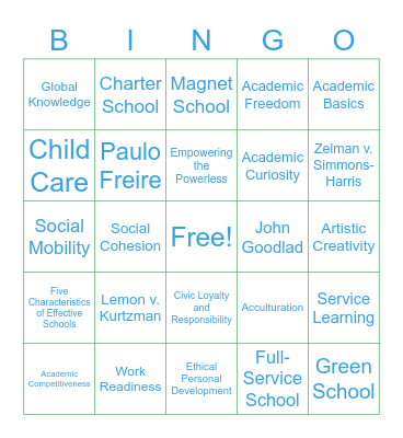 Chapter 9: Purposes of America's Schools and the Current Reform Movement Bingo Card