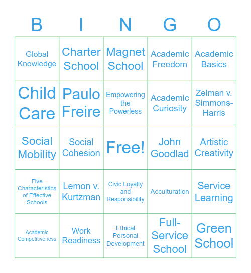 Chapter 9: Purposes of America's Schools and the Current Reform Movement Bingo Card