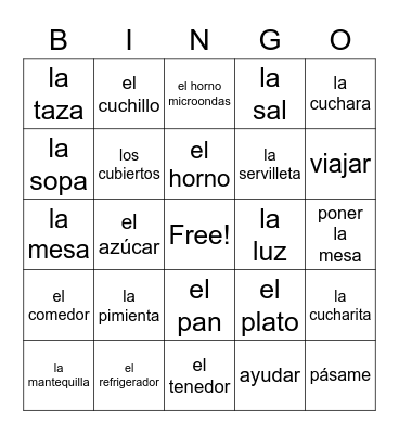 Cocina Bingo Card