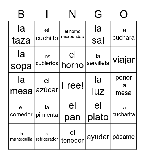 Cocina Bingo Card