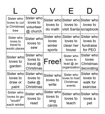P.E.O. Take Time to Love & Know Your Sisters Bingo Card