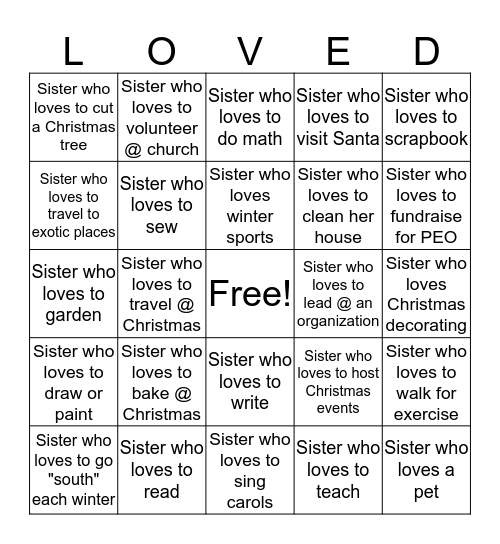 P.E.O. Take Time to Love & Know Your Sisters Bingo Card