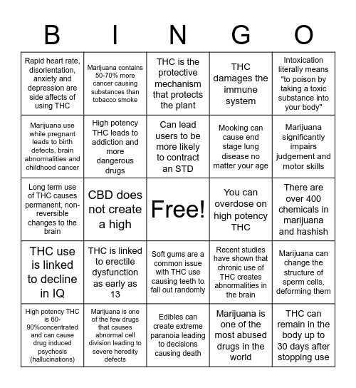Truth About Drugs THC Bingo Card