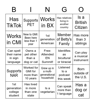S&G Employee Network Summit Bingo Card