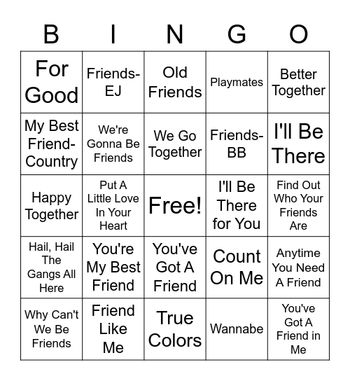 Friendship Song BINGO Card