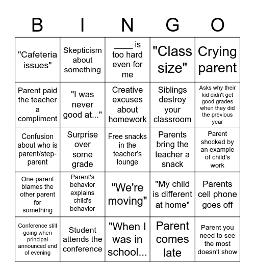 Parent/Teacher Conferences BINGO Card