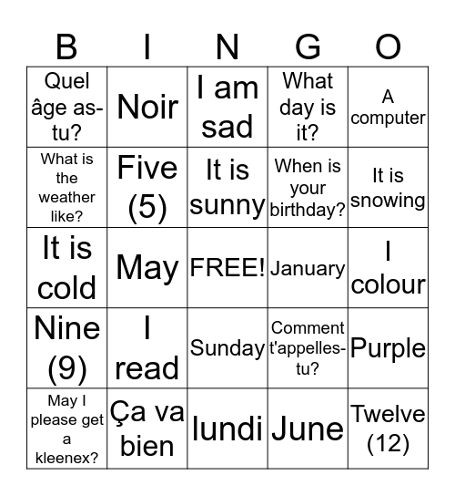 Mes Premiers Pas Bingo Card