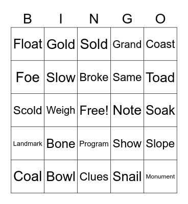 Vocab Long O Bingo Card