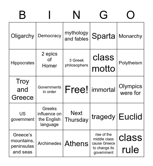 Greece Bingo Card