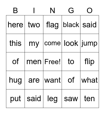 HFW/Phonics Bingo Card
