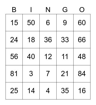 Fun With Numbers Bingo Card
