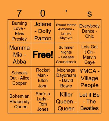 70's Bingo Card