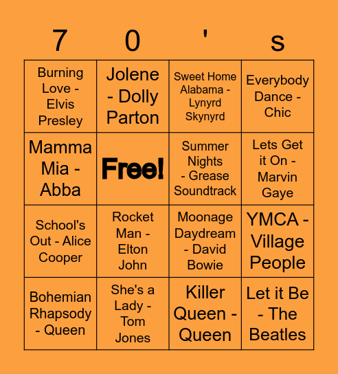 70's Bingo Card