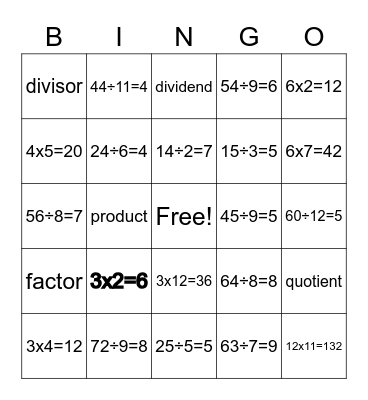 Fact Family Bingo Card