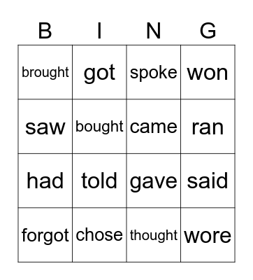 Irregular verbs Bingo Card