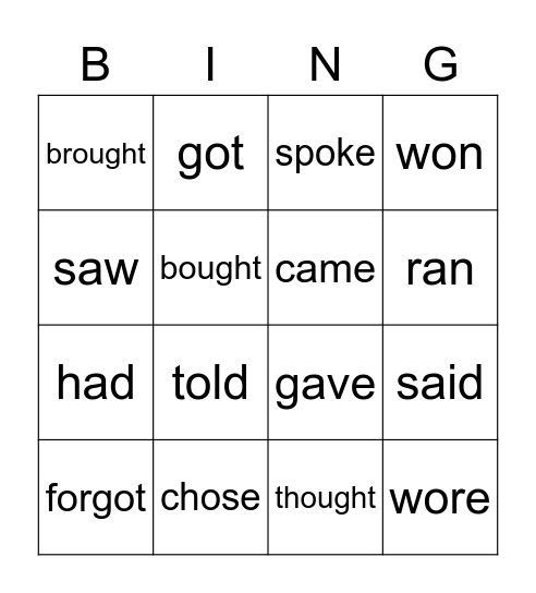 Irregular verbs Bingo Card