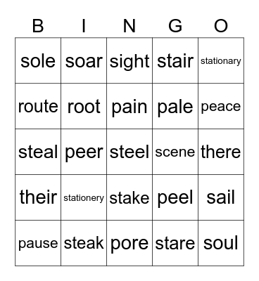 Homophones Bingo Card