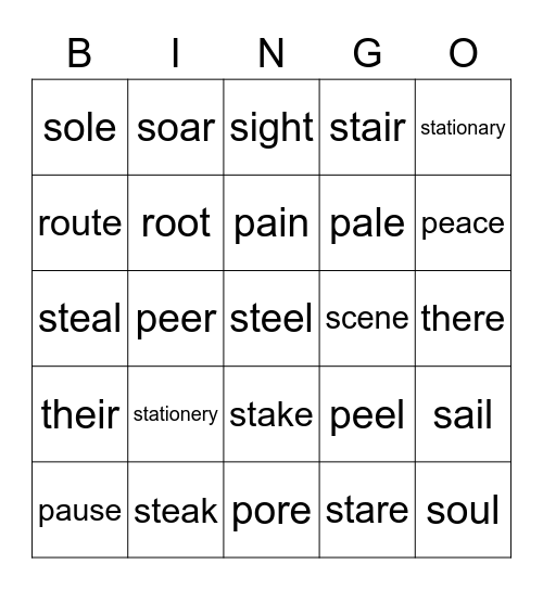 Homophones Bingo Card