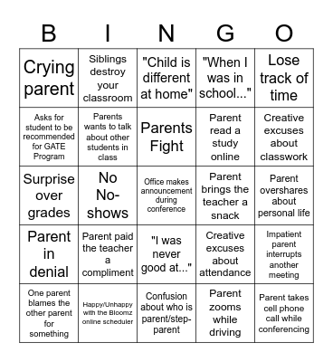 Parent/Teacher Conference Bingo Card